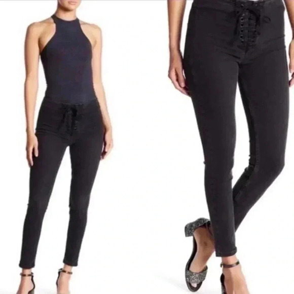 FREE PEOPLE BLACK LACE UP SKINNY JEANS SIZE 27 - Picture 2 of 8